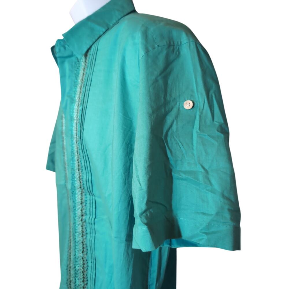 Turquoise Cuban Short Sleeve Button-up Men's Shirt Roll-up Sleeves 44"Chest D66 - Picture 3 of 7